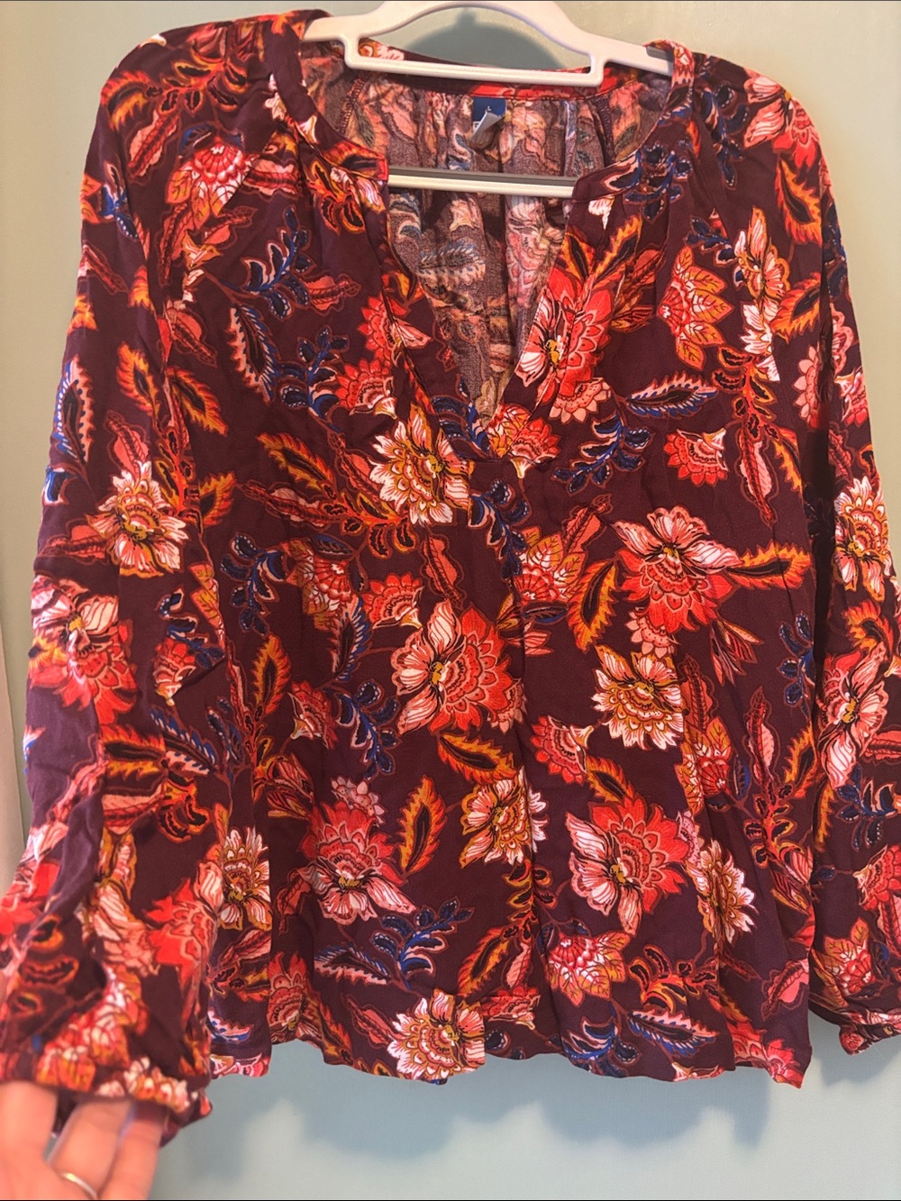 Old Navy Burgundy Floral Split-Neck Blouse with Red & Orange Accents